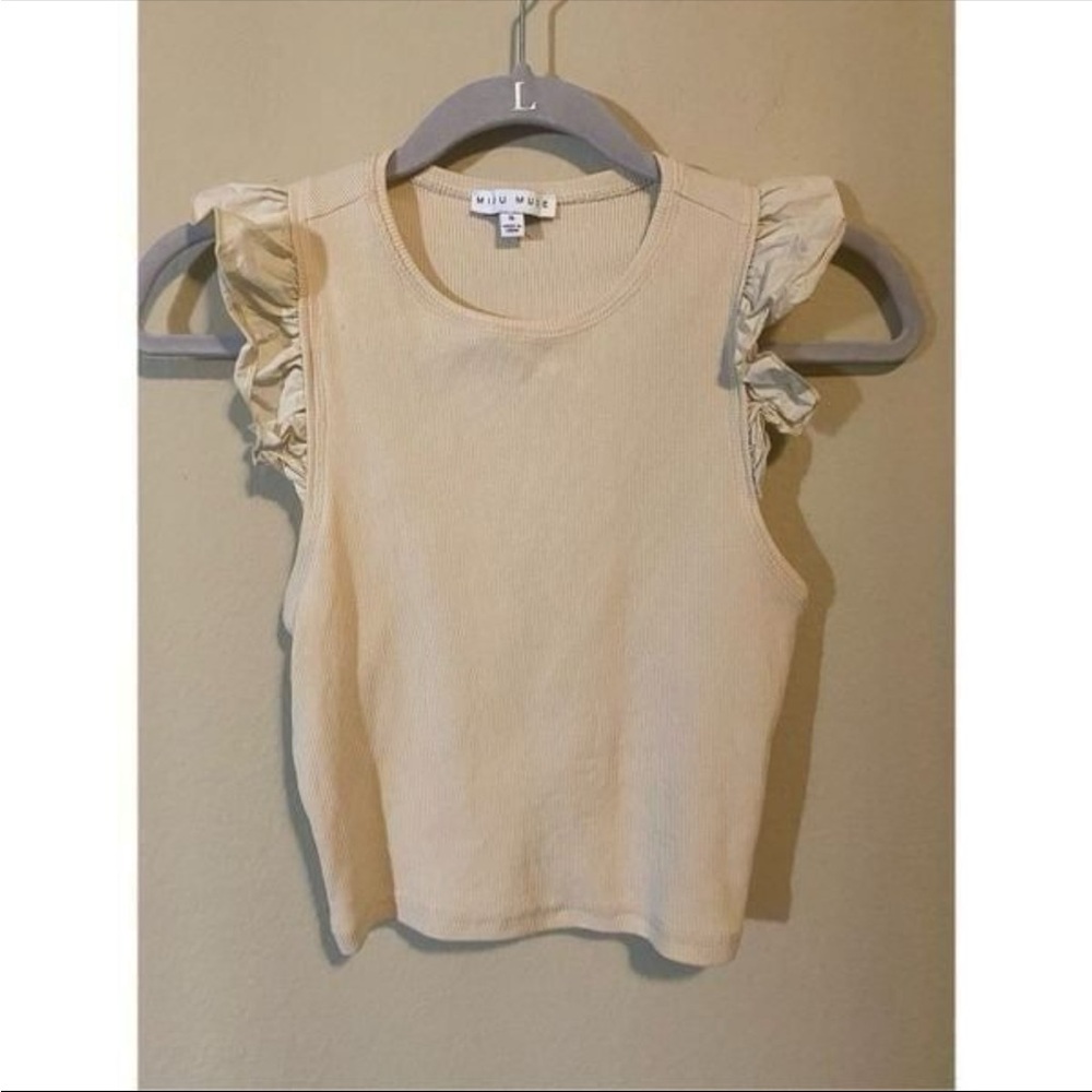 Miou Muse cream flutter sleeve halter cropped top